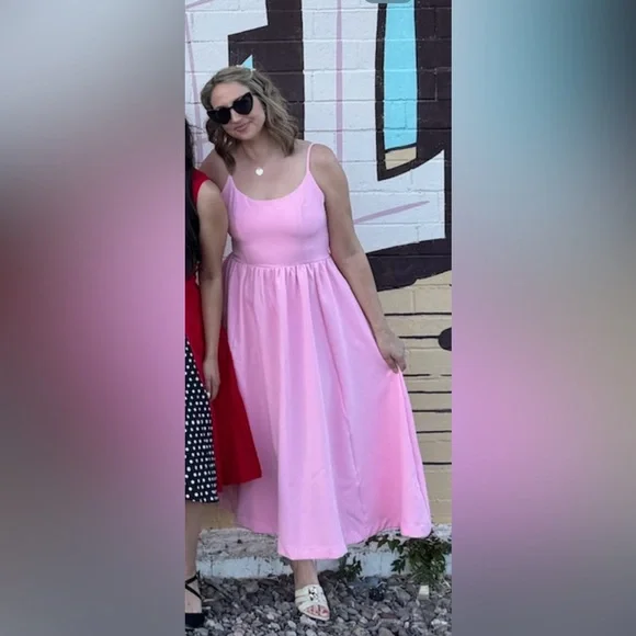 open lace back dress Retro 50s Strapless Pink Tea Length Prom Dress Evening Dress main image 0